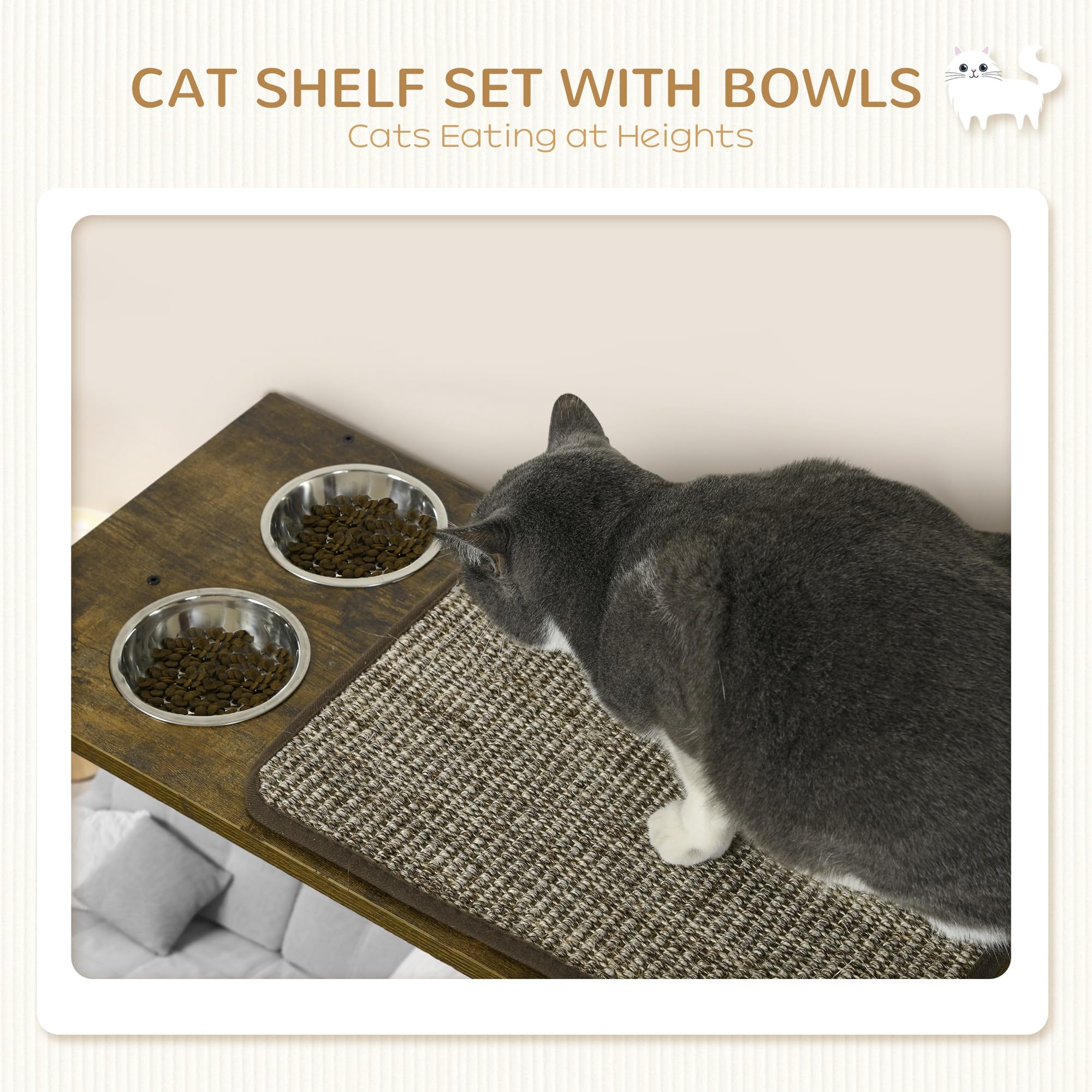 Pawhut Cat Wall Shelves - 8 Piece Wall Mounted Cat Furniture With Perches, Scratching Posts, Ladder, Feeder Bowls - Brown